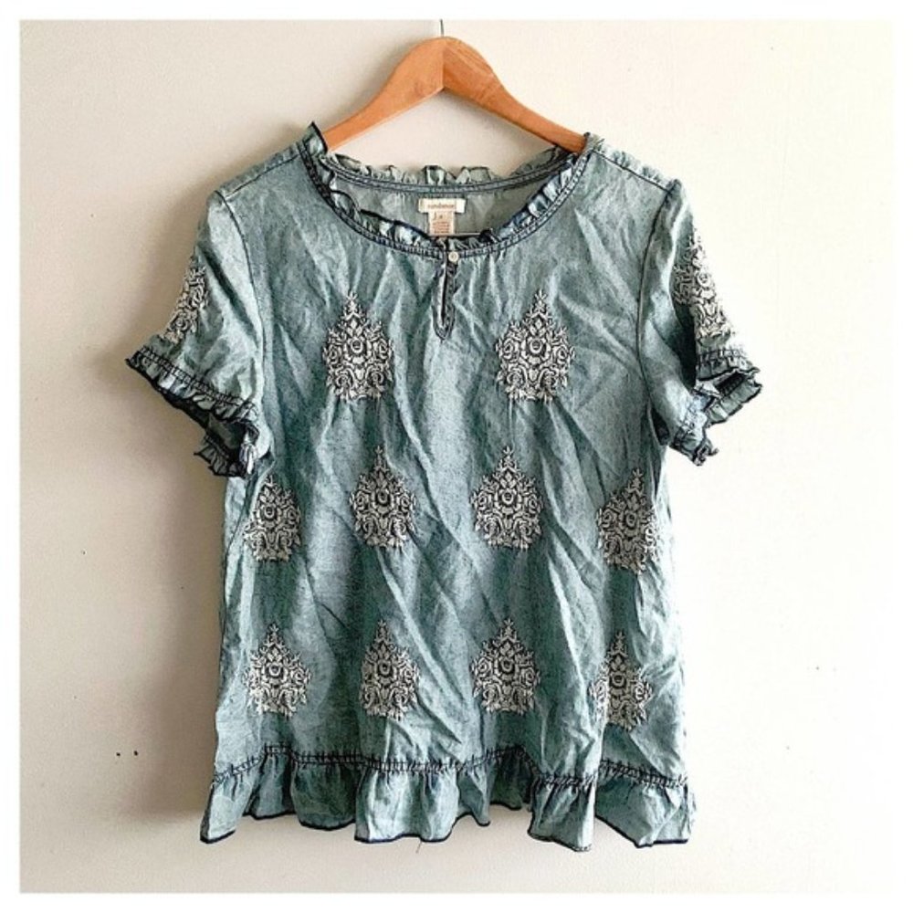 Sundance Embroidered Chambray Ruffle Blouse